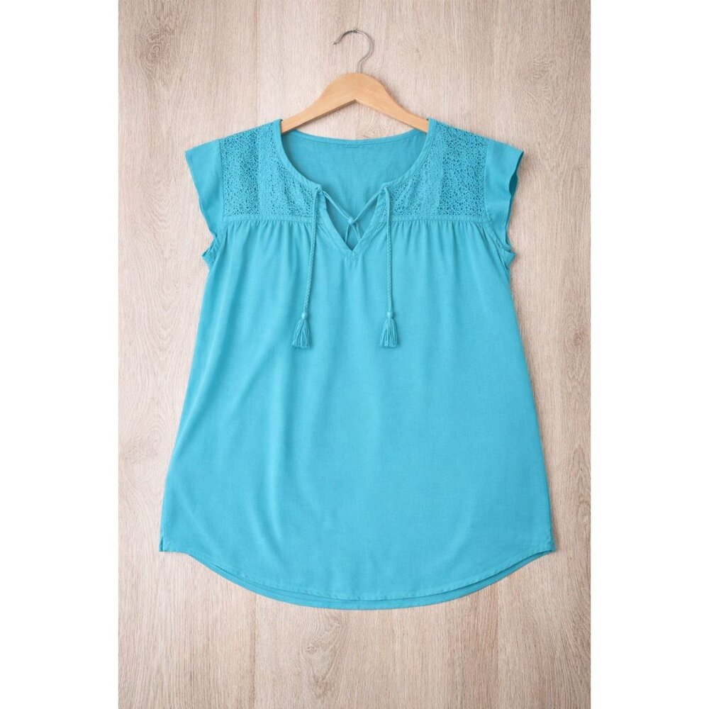 My‎ Danielle Turquoise Boho Lace Yoke Blouse Tassel Tie Rayon Size S